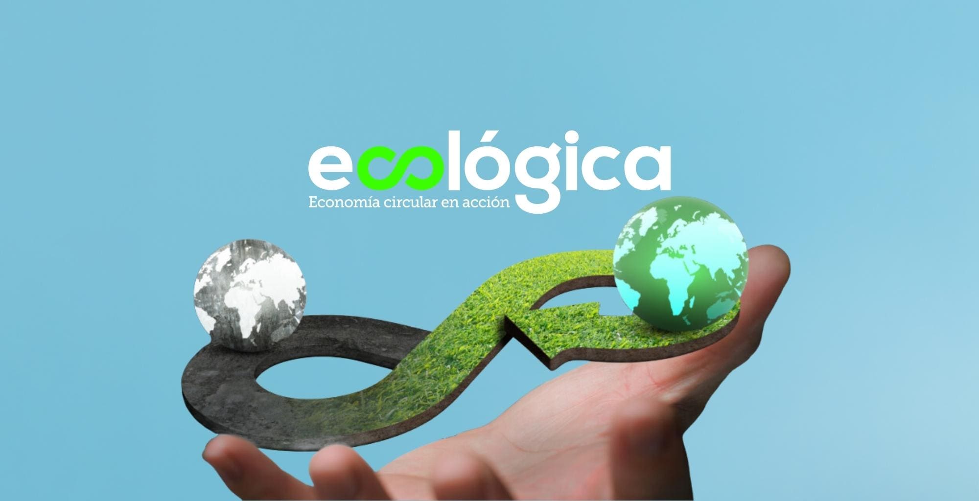 La mano de una persona elevando la imagen de 2 planetas tierra, una sin y otra con color, sobre un signo de infinito verde. Sobre todo el logo de Ecológica.